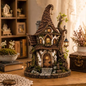 Könnte beinhalten: Eine dekorative Miniaturhaus-Skulptur mit einem hohen, spitzen Schindeldach, einem Sockel in Steinoptik und einer gewölbten Holztür. Das Gebäude verfügt über beleuchtete Fenster, eine an einem Baumstamm hängende Laterne und grünes Blattwerk.
