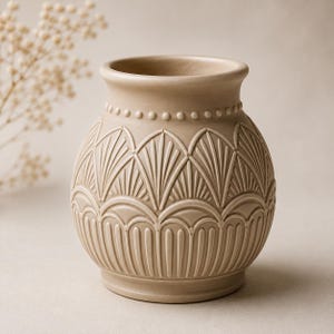 May include: A matte beige ceramic vase with a rounded body and a wide opening. The exterior features a raised relief pattern consisting of a row of small dots near the rim, followed by a series of fan-shaped motifs and vertical fluted lines.