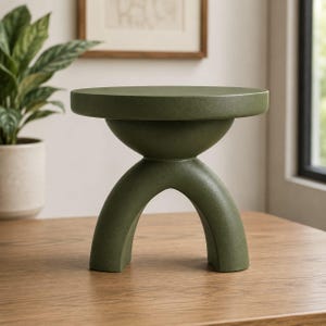 Puede incluir: Una mesa auxiliar de color verde oliva mate con una superficie superior circular apoyada sobre una base única, gruesa y arqueada. La estructura tiene un acabado liso y uniforme, con un aspecto sólido y robusto como mueble único.