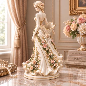 May include: A cream-colored figurine of a woman in a flowing gown, featuring an integrated vase opening at the back. The dress is adorned with sculpted pink flowers, green leaves, and gold trim, standing on a circular base with a smooth finish.