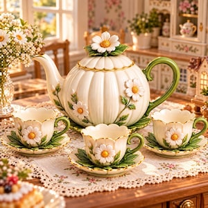 Puede incluir: Un juego de té de cerámica que incluye una tetera grande y tres tazas a juego con platillos. Las piezas son de color crema con textura acanalada, decoradas con margaritas blancas en relieve, hojas verdes y bordes con detalles dorados.