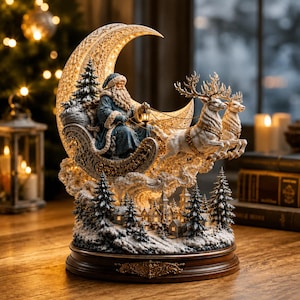 May include: A decorative tabletop sculpture featuring a figure in a blue coat riding a sleigh pulled by two white reindeer. The sleigh is positioned in front of a large, illuminated crescent moon above a snow-covered village with pine trees.