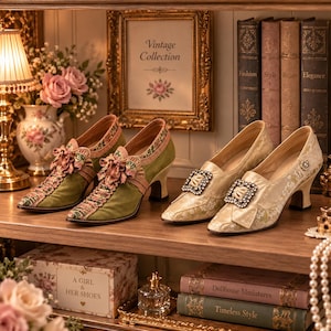 May include: Two pairs of shoes displayed on a shelf. One pair is olive green with pink floral trim and ribbon accents. The other pair is cream-coloured with a subtle floral pattern and a large, square, crystal-encrusted buckle on the front.