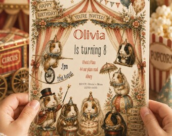 May include: A rectangular birthday invitation card featuring a circus theme with guinea pigs in costumes. Text includes Happy Birthday, You're Invited, Olivia Is turning 8, 2pm, 22nd August, Olivia's Place, 44 our place road, Albury, RSVP: Olivia's Mum 2233-4455, Fun, Games, Treats, Prizes, and Admit One.