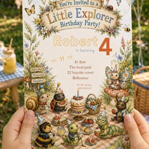 Fiesta de cumpleaños de Little Explorer Bug, plantilla editable en Canva, invitación de mariquita y abeja