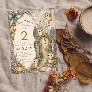 May include: A rectangular birthday invitation card featuring a whimsical forest scene with owls, a castle, and lanterns. The text reads Look Whoo's turning 2, please join us to celebrate Sat 22 Jan at four o'clock in the afternoon, The Jumping Castle, Melbourne.