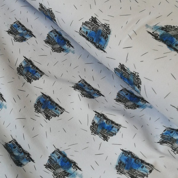 Campervan jersey fabric, Vanlife fabric, blue and white, sew your own clothes, me made wardrobe, half metre, full metre