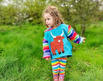 Highland cow hoodie, grandchild birthday Present, custom Highland cow hoodie, rainbow stripe hoodie, handmade in Cornwall