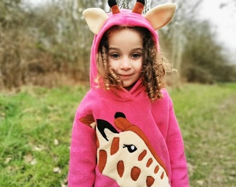Giraffe gift hoodie, kids giraffe hoodie with ears, horns and giraffe applique, handcrafted in Cornwall