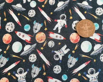 SALE Space Astronaut cotton fabric, nursey, navy patchwork fabric, me made wardrobe, sew your own clothes, half, full metre