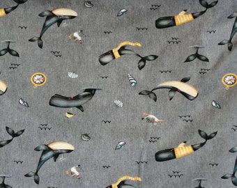 Surfer whale jersey fabric, grey and yellow, sew your own clothes, me made wardrobe, half metre, full metre