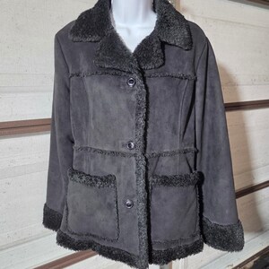 Mudd Black Faux Suede Fur Trim Jacket Y2K Faux Velvet Coat Large K25145