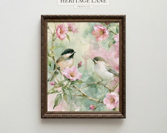 Lámina de acuarela de pájaros primaverales, arte de pared estilo cottagecore para habitación infantil, descarga de arte digital imprimible.