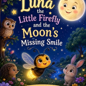 May include: A book cover titled Luna the Little Firefly and the Moon's Missing Smile, featuring a glowing firefly, a smiling moon, an owl, a hedgehog, and a rabbit in a night forest. A banner at the bottom reads A story about kindness, friendship and the light within.