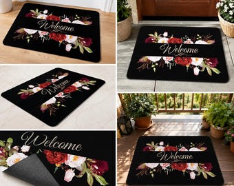 Bloemenpatroon welkomstmat, zwarte entreemat, landelijke veranda decoratie, flanellen mat