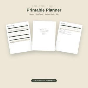 Puede incluir: Un planificador presupuestario imprimible que consta de tres páginas blancas con texto y tablas en negro. Las páginas incluyen una hoja de presupuesto mensual, una portada titulada Printable Planner y un rastreador de pago de deudas.