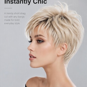 May include: A short, layered blonde pixie haircut with textured, airy bangs. The image includes the text: Edgy Pixie, Instantly Chic. A trendy short shag cut with airy bangs made for bold everyday style. TRENDY EUROPEAN AND AMERICAN STYLE.