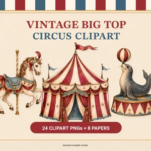 Clipart de circo vintage, 24 PNGs + 8 papéis