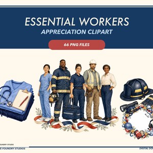 Essential Workers Clipart Bundle, 58 Watercolor PNGs & 8 Seamless Papers