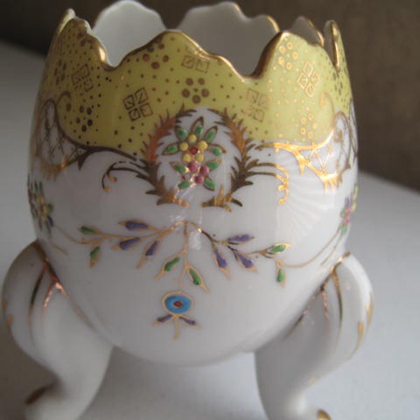 Rare Gold & Yellow Egg Cup, Lots of Gold, raised flowers, 4" vase, Cracked Egg Vase