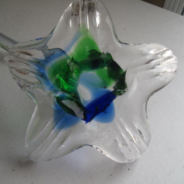 Glass Flower Vase, Hand Blown Trumpet Flower Vase, Clear, Blue & Green, Single flower vase