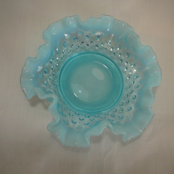 Free Shipping Fenton Turquoise Blue Opalesent Hobnail Double Crimped Bon Bon Candy Dish