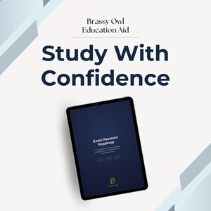 May include: A digital tablet displaying an Exam Revision Roadmap on a dark blue screen. The text Brassy Owl Education Aid and Study With Confidence appears above the tablet. A small gold owl logo is visible at the bottom of the screen.