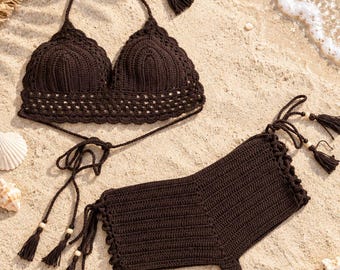 Handmade 100% Cotton Crochet Bikini Set – Chocolate Brown