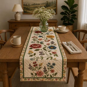 Vintage Floral Quilted Table Runner, Botanical Farmhouse Table Decor, Cottagecore Dining Room Accent, Rustic Spring Table Runner