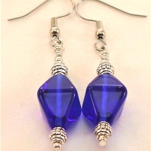 Diamond Shaped Blue Glass and Silver Earrings