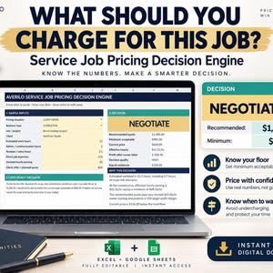 以下が含まれることがあります： Averilo Service Job Pricing Decision Engineのスプレッドシートを表示するノートパソコンの画面。インターフェースには、業種、プロジェクトの詳細、財務指標の入力フィールドが表示されており、1,285ドルの見積もりを推奨する決定ボックスが強調表示されています。
