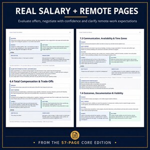 May include: Two pages from a career guide titled Real Salary + Remote Pages, featuring sections on communication, availability, time zones, and total compensation. The text includes problem, solution, and example boxes for remote work.