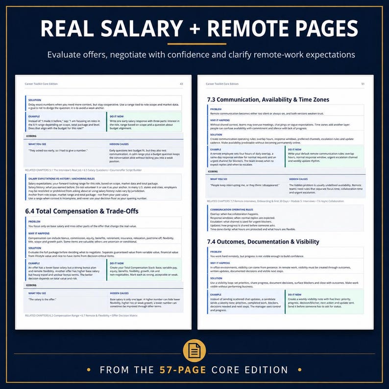 May include: Two pages from a career guide titled Real Salary + Remote Pages, featuring sections on communication, availability, time zones, and total compensation. The text includes problem, solution, and example boxes for remote work.