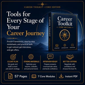 May include: A dark blue Career Toolkit Core Edition book with gold text and a compass graphic. The cover features the title, strategy, optimization, and interview icons. Text includes Tools for Every Stage of Your Career Journey and 57 Pages.