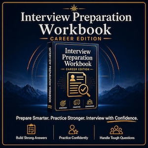 May include: A dark blue Interview Preparation Workbook Career Edition with gold text and icons. The cover features a document icon with a magnifying glass, plus strategy, practice, and confidence labels. Text reads: Prepare Smarter. Practice Stronger.
