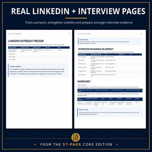 May include: Two white pages from a career toolkit featuring dark blue headers and text. The left page is a LinkedIn Outreach Tracker with columns for person, company, and status. The right page is an Interview Readiness Blueprint and STAR Story Bank.