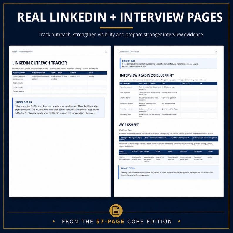 May include: Two white pages from a career toolkit featuring dark blue headers and text. The left page is a LinkedIn Outreach Tracker with columns for person, company, and status. The right page is an Interview Readiness Blueprint and STAR Story Bank.