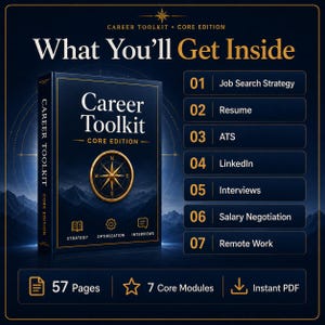May include: A dark blue Career Toolkit Core Edition book with a gold compass icon. The text reads What You'll Get Inside, listing seven modules: Job Search Strategy, Resume, ATS, LinkedIn, Interviews, Salary Negotiation, and Remote Work. Includes 57 pages.