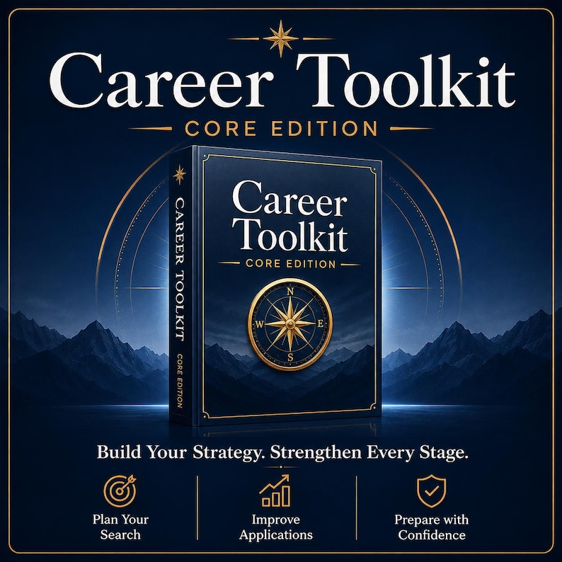 May include: A dark blue book titled Career Toolkit Core Edition featuring a gold compass graphic on the cover. The text reads Career Toolkit Core Edition, Build Your Strategy. Strengthen Every Stage, Plan Your Search, Improve Applications, and Prepare with Confidence.