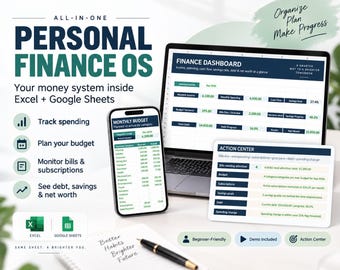 Puede incluir: Un sistema operativo de finanzas personales para Excel y Google Sheets mostrado en una computadora portátil, un teléfono inteligente y una tableta. Las pantallas muestran un panel financiero, presupuesto mensual y centro de acción.