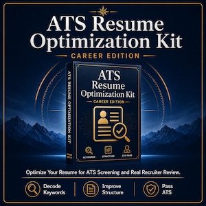 Peut inclure: Une couverture de produit numérique bleu foncé intitulée ATS Resume Optimization Kit Career Edition. Elle présente une icône dorée de document avec une loupe et une silhouette de personne, ainsi que des icônes pour mots-clés, structure et ATS.