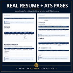 May include: Two white pages titled REAL RESUME + ATS PAGES featuring tables for evidence building and tailoring. The text includes sections for Achievement Builder, Resume Tailoring Map, Worksheet, and ATS Submission Check with blue headers.