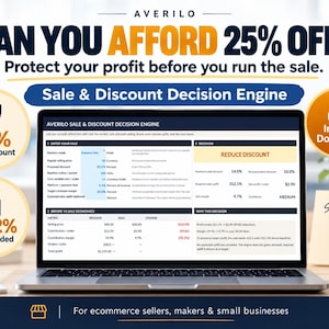 May include: A laptop displaying the Averilo Sale & Discount Decision Engine software interface. The screen shows data tables for sale economics, profit margins, and discount calculations. Text includes Can You Afford 25% Off, 14% safe discount, and +312% uplift needed.