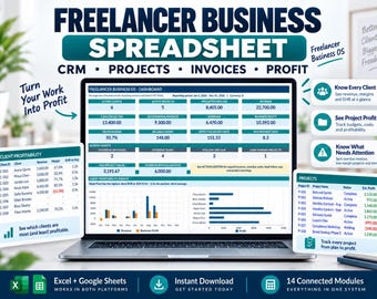 Puede incluir: Una pantalla de portátil que muestra una hoja de cálculo Freelancer Business OS con tablas de datos para clientes activos, proyectos, ingresos y beneficios. La interfaz incluye gráficos de rentabilidad de clientes y estado de proyectos, con etiquetas de CRM y facturas.