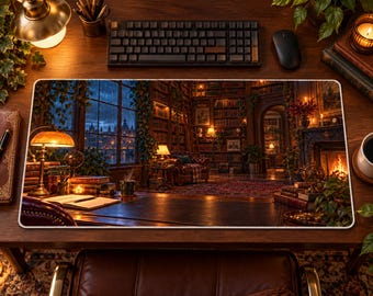 Puede incluir: Una alfombrilla de escritorio rectangular con una imagen impresa del interior de una biblioteca acogedora y con poca luz por la noche. La escena incluye estanterías de suelo a techo, una chimenea con un brillo cálido, una ventana y un escritorio.