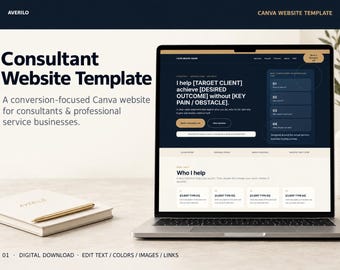 Puede incluir: Una pantalla de portátil que muestra una plantilla de sitio web para consultores con un esquema de colores azul marino oscuro y crema. La interfaz incluye secciones para el nombre de la marca, servicios, segmentación de clientes y un diseño de cuatro pasos.