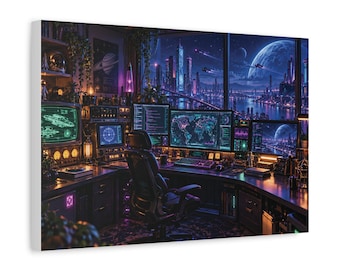 Puede incluir: Una impresión de arte digital que muestra un espacio de trabajo futurista con múltiples monitores de computadora que muestran datos, una silla de oficina central y una gran ventana con vista a una ciudad iluminada por luces de neón.