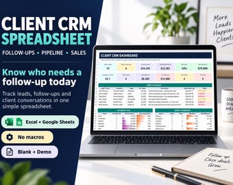 Puede incluir: Un ordenador portátil que muestra una hoja de cálculo Client CRM Dashboard con tablas de datos, métricas y gráficos. El texto en pantalla incluye Client CRM Spreadsheet, Excel + Google Sheets, No macros, Blank + Demo y Good Deals Ahead.