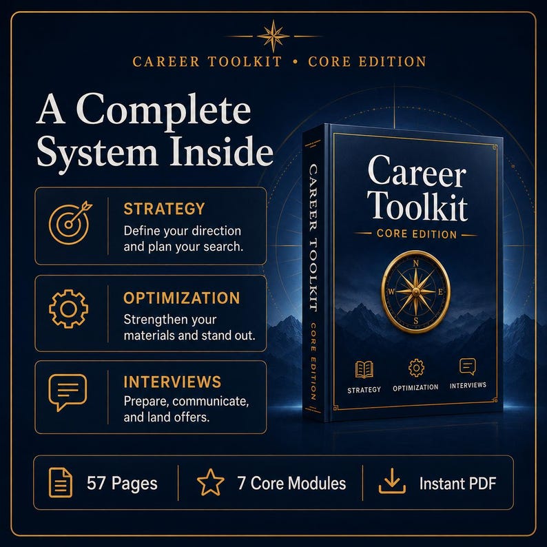 May include: A dark blue digital book titled Career Toolkit Core Edition featuring a gold compass graphic. The text reads A Complete System Inside, Strategy, Optimization, Interviews, 57 Pages, 7 Core Modules, and Instant PDF on a dark background.