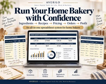 Puede incluir: Un ordenador portátil que muestra un sistema de hoja de cálculo para panadería casera con gráficos y tablas de ingresos, costes y pedidos. La pantalla incluye texto como Run Your Home Bakery with Confidence, Products & Pricing y Custom Orders.